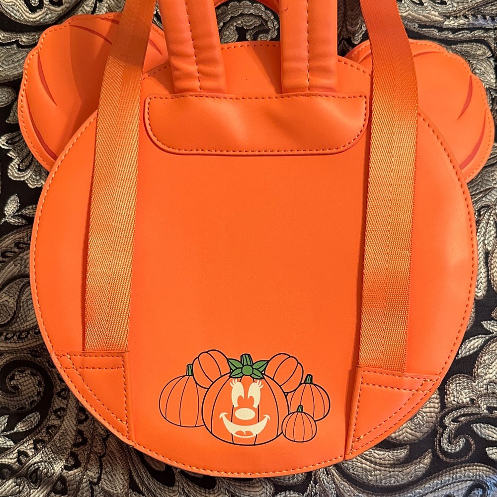 Loungefly Orange Pumpkin Minnie Backpack with Green Bow - Picture 3 of 5